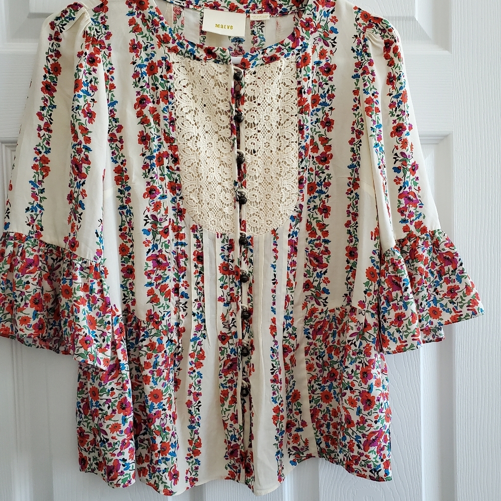Maeve anthropolog mixed fabric floral print blouse